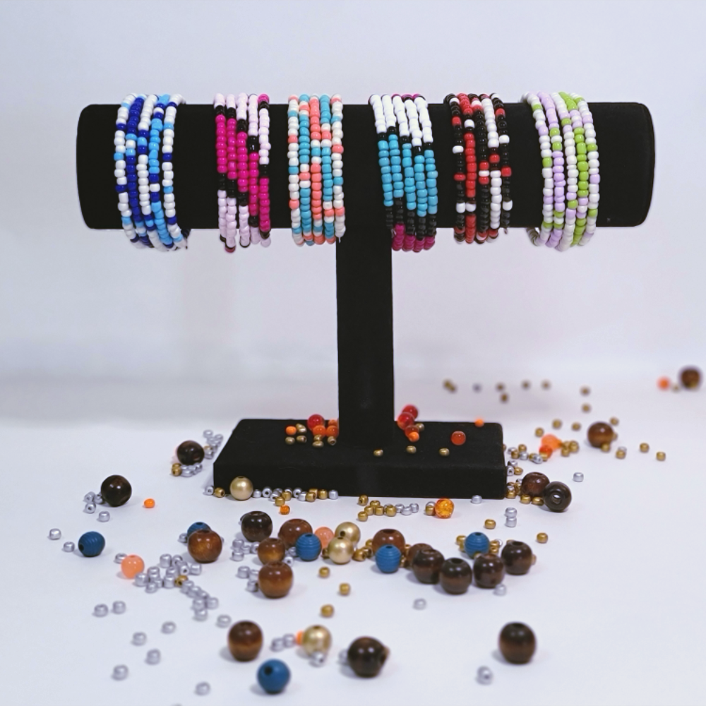 Display of wrap bracelets made with glass beads in a variety of colors and patterns